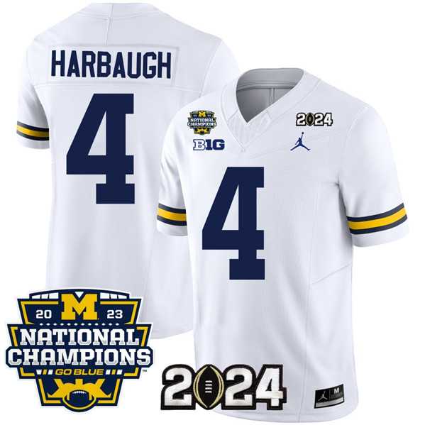 Mens Michigan Wolverines #4 Jim Harbaugh White 2024 F.U.S.E. With 2023 National Champions Patch Stitched Jersey